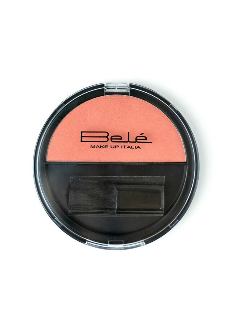 Compact rotondo per fard con polvere color pesca, coperchio in plastica trasparente e base nera, completa di un piccolo pennello applicatore.
