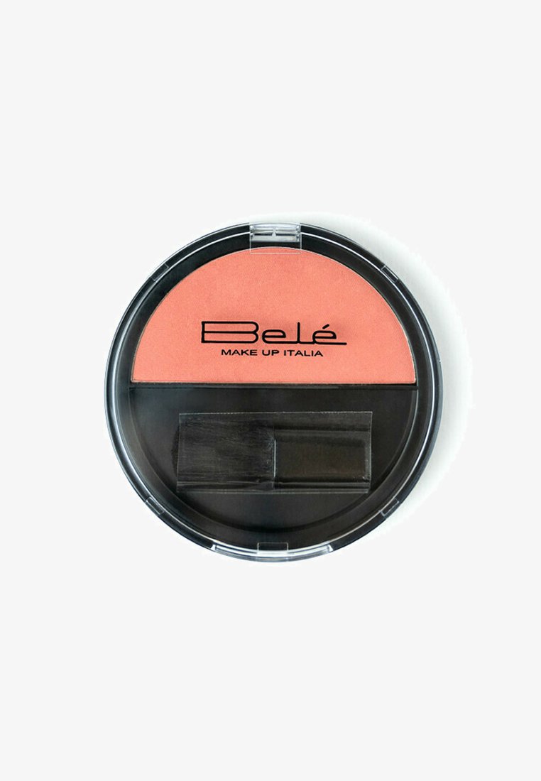 Compact rotondo per fard con polvere color pesca, coperchio in plastica trasparente e base nera, completa di un piccolo pennello applicatore.