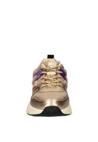Lace-up sneaker with a gold metallic finish, beige mesh, purple and red accents, plush lining, and black heel tab. Rubber sole.