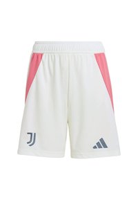 White athletic shorts featuring pink mesh side panels, an elastic waistband, and grey logo accents from Juventus and Adidas.