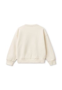 Sweatshirt couleur crème fabriqué en tissu doux, avec un col rond, des poignets côtelés et une taille élastique, offrant une coupe décontractée. Design simple, sans motifs.