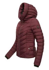 Burgundy puffer jacket with a hood, featuring a chevron quilted design, zip closure, and ribbed cuffs. Includes a side pocket with a button.
