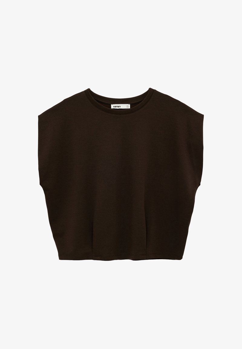 Top negro sin mangas, extragrande y corto, con escote redondo y sutiles drapeados laterales, colocado sobre un fondo blanco.