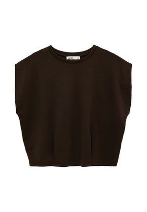 Haut noir sans manches, oversized et court, avec un col rond et de légers drapés latéraux, posé à plat sur un fond blanc.