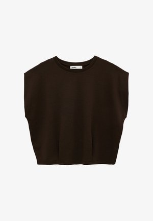 Schwarzes ärmelloses übergroßes kurzes Top mit rundem Ausschnitt und dezenten seitlichen Drapierungen, flach auf einem weißen Hintergrund ausgelegt.