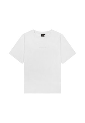 Wit T-shirt met korte mouwen en ronde hals, met kleine gecentreerde tekst "TOMORROWLAND" op de borst en een zwart label in de hals.
