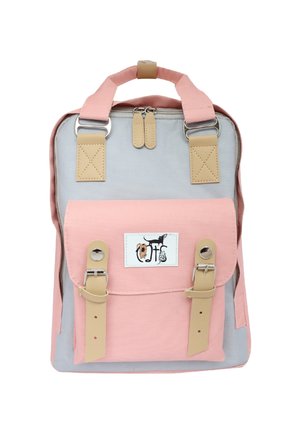 Backpack with a pink and gray canvas exterior, two adjustable straps, a front flap, a branded patch, and metal hardware accents.