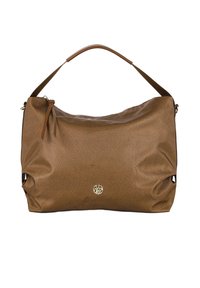 Borsa a tracolla in pelle marrone con superficie texture, manico unico marrone e dettaglio logo dorato sul davanti. Presenta un design morbido e flessibile.
