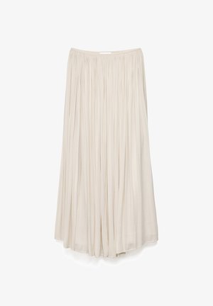 Long cream-colored pleated skirt with a flowy, lightweight fabric and an elastic waistband.
