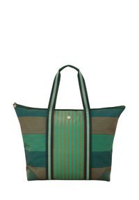 Large tote bag in striped patterns of green, teal, and brown. Made of durable material with two sturdy handles and a zip closure.