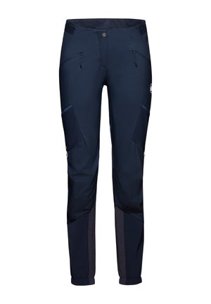 Pantaloni outdoor blu navy con taglio dritto, tasche con cerniera, rinforzi sulle ginocchia e cintura in rete per il comfort. Tessuto resistente e leggero.