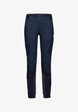 Granatowe spodnie outdoorowe o prostym kroju, z zamykanymi na zamek kieszeniami, wzmocnionymi łatami na kolanach oraz siateczkowym pasem dla komfortu. Trwały, lekki materiał.