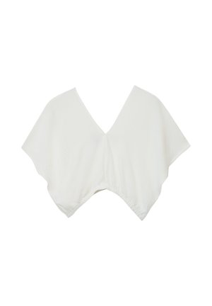 Blusa bianca corta a maniche corte con profondo scollo a V e orlo elasticizzato, progettata per una vestibilità ampia e ariosa.