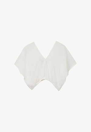 Blouse courte blanche à manches courtes avec un décolleté en V profond et un ourlet élastiqué, conçue pour une coupe ample et aérienne.