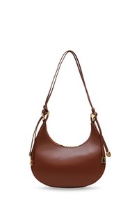 Sac à épaule en cuir brun avec une silhouette courbée, des sangles réglables, des accents en métal doré et une fermeture zippée sur le dessus.