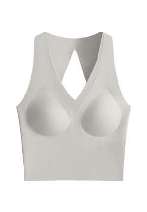 Világosszürke, varrás nélküli, párnázott sportmelltartó széles pántokkal, mély V-nyakkivágással és hátul kivágással, amely támogatást és kényelmet nyújt.