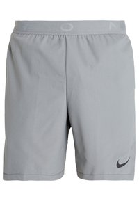 Grå atletiska shorts i lättviktig väv med elastisk midja, med en liten svart Nike-logotyp på nedre högra sidan.