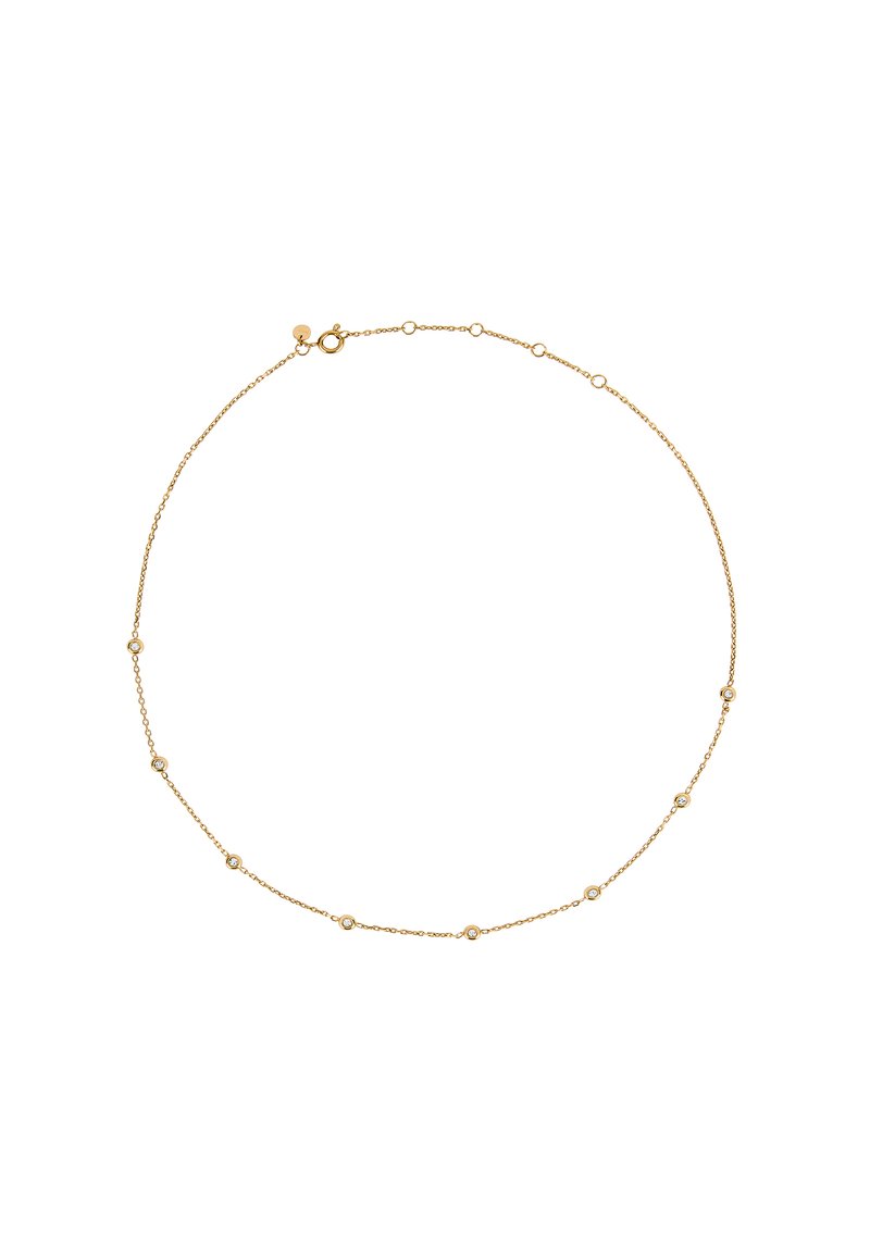 Gouden ketting met kleine ronde schakels en gelijkmatig verspreide ronde accenten, met een veilige sluiting. Belangrijke kenmerken zijn het delicate ontwerp.