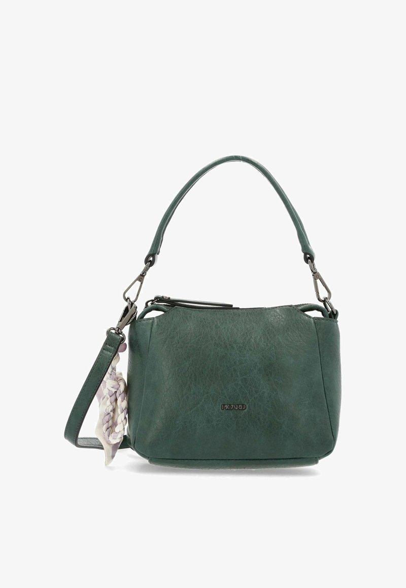 Groene leren handtas met een afneembare schouderband en korte handgreep, voorzien van een gevlochten zijden sjaal die aan de band is geknoopt.