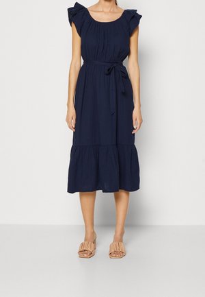 Navy blue, knee-length dress with ruffled sleeves, gathered waist, and a tie belt. Textured fabric with a flared, tiered hem.