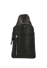 Schwarzer Leder-Rucksack mit einer strukturierten Form, ausgestattet mit einer vorderen Reißverschlusstasche und einem oberen Griff. Texturiertes Material und silberne Metallakzente.