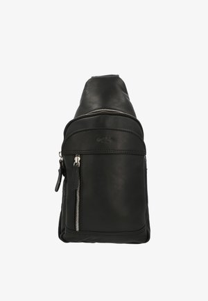 Melns ādas mugursoma ar strukturētu dizainu, priekšpusē rāvējslēdzēja kabata un augšējā rokturis. Teksturēts materiāls un sudraba krāsas metāla akcenti.