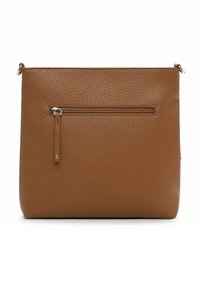 Borsa a tracolla in pelle marrone con texture a grana grossa, dotata di tasca frontale con cerniera e design minimalista, forma rettangolare e dettagli metallici.