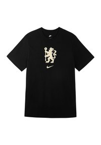 Zwart katoenen T-shirt met een crèmekleurige leeuwafbeelding en het Nike-logo centraal op de borst gedrukt. Korte mouwen, ronde halsontwerp.