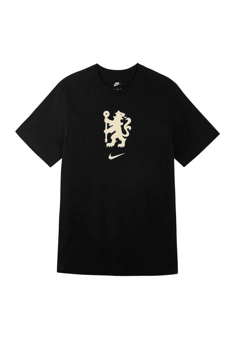 Zwart katoenen T-shirt met een crèmekleurige leeuwafbeelding en het Nike-logo centraal op de borst gedrukt. Korte mouwen, ronde halsontwerp.