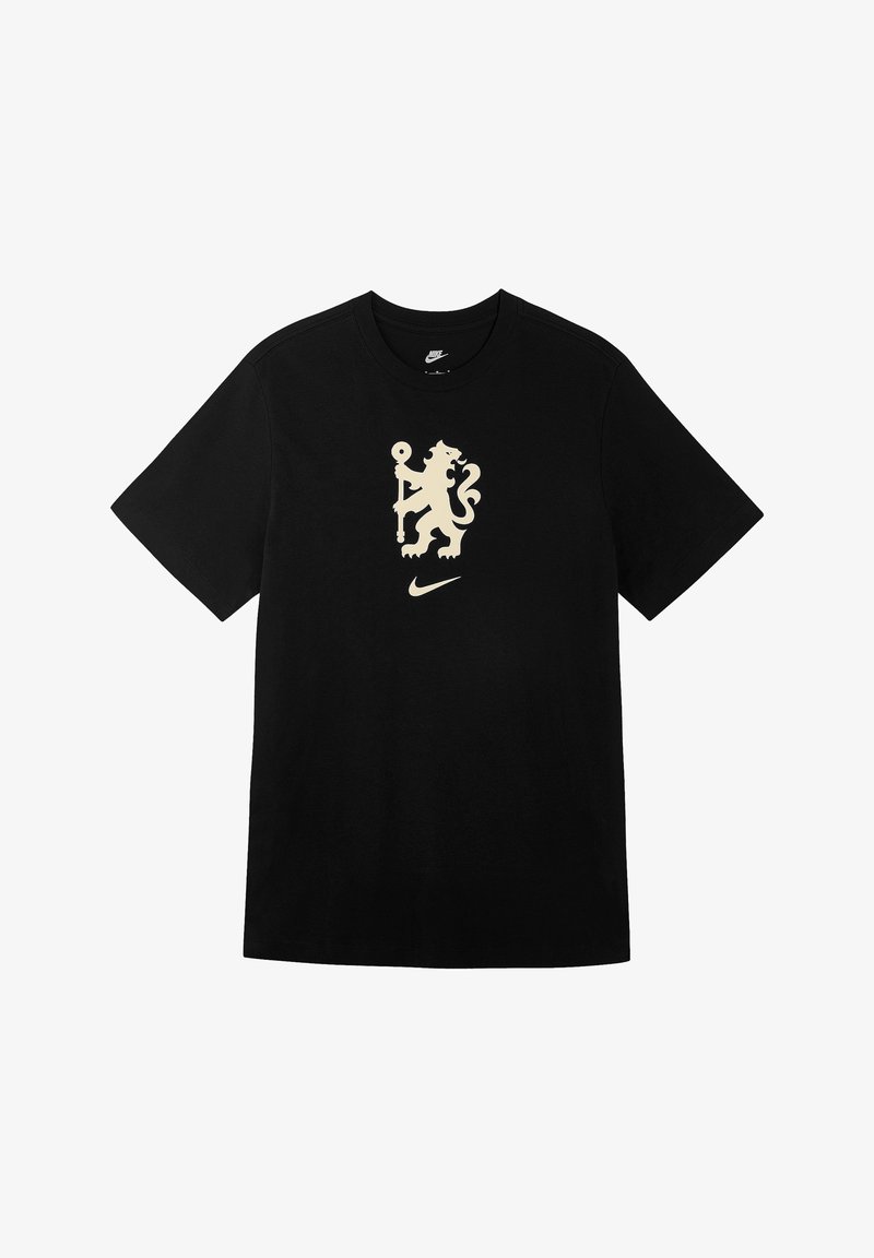 Zwart katoenen T-shirt met een crèmekleurige leeuwafbeelding en het Nike-logo centraal op de borst gedrukt. Korte mouwen, ronde halsontwerp.