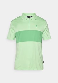 Polo tričko ve světle zelených a tmavě zelených barevných blocích. Disponuje polovičním zipem, krátkými rukávy a malým logem na hrudi. Hladká textura.