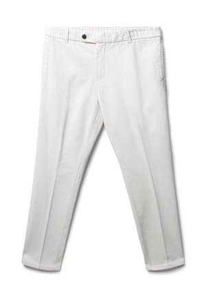 Pantalon en coton blanc avec une texture lisse, coupe fuselée, poches avant et une fermeture à un bouton au niveau de la taille.
