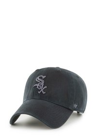 Black cotton baseball cap with a curved visor. Features a gray embroidered "S" logo on the front and small logo on the side.