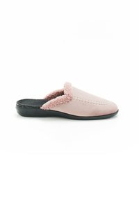 Pantofola slip-on in suede rosa con un collare in tessuto soffice e testurizzato e una suola in gomma nera, con cuciture decorative lungo la parte superiore.