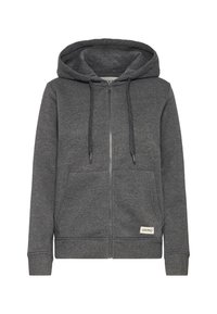 Felpa grigia con zip realizzata in tessuto morbido, dotata di tasca frontale, cappuccio regolabile con coulisse e etichetta con logo all'orlo.