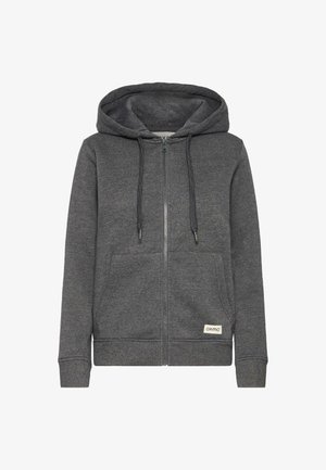 Pilkas užtrauktukas džemperis, pagamintas iš minkštos medžiagos, turintis priekinę kišenę, reguliuojamą raištelį kapuche ir firminę etiketę apačioje.