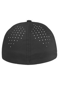 Crna kapa s glatkom površinom, s ventilacijskim rupama i zaobljenim oblikom. Dizajn je minimalistički, bez vidljivog brendiranja.