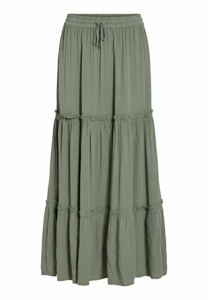 Lang olivengrønn lagdelt skjørt med elastisk midjebånd og snøring, med rynkede stoffseksjoner for en luftig silhuett.