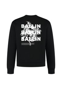 Zwarte sweatshirt met een opvallende witte bloemenafbeelding en herhaaldelijk "BALLIN"-tekst. Ronde halslijn en ribgebreide manchetten. Gemengde katoenstof.