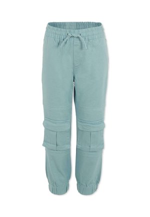 Lichtgroene elastische cargo-broek met tailleband en verstelbaar trekkoord, taps toelopende boorden en dubbele zijcargo zakken van een zachte katoenmix.