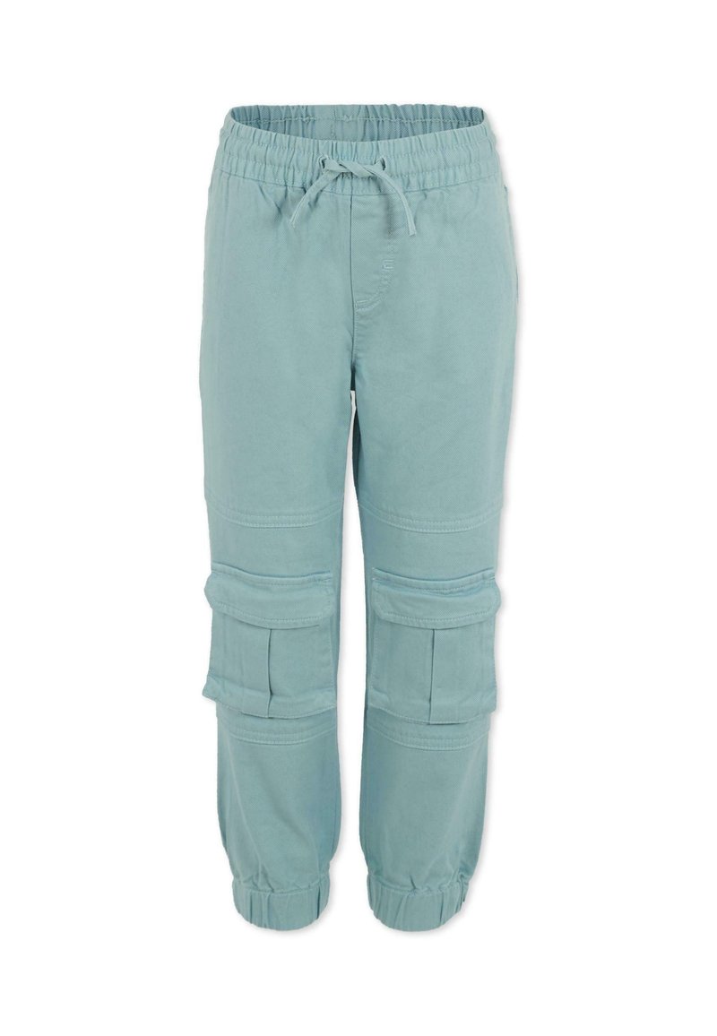 Pantalons cargo en teal clair avec taille élastique et cordon de serrage ajustable, bas de pantalon fuselés et poches cargo latérales doubles, fabriqués en mélange de coton doux.