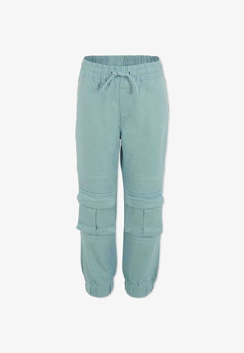 Pantalons cargo en teal clair avec taille élastique et cordon de serrage ajustable, bas de pantalon fuselés et poches cargo latérales doubles, fabriqués en mélange de coton doux.
