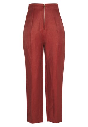 Pantaloni a vita alta di colore rosso ruggine, con zip frontale, vestibilità sartoriale e gamba dritta, realizzati in un tessuto testurizzato.