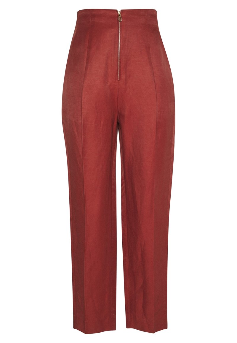 Pantaloni a vita alta di colore rosso ruggine, con zip frontale, vestibilità sartoriale e gamba dritta, realizzati in un tessuto testurizzato.