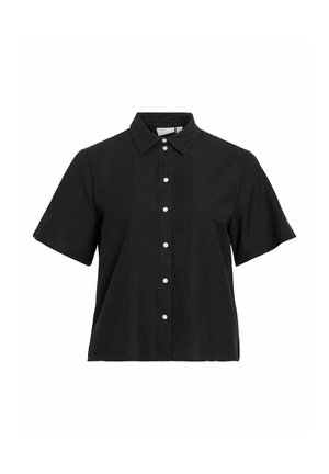 Svart kortermet skjorte med krage og hvite knapper, vist på en ren hvit bakgrunn.