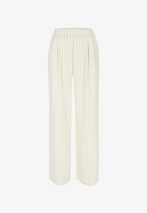 Bela široka hlače visokega pasu z ozkimi navpičnimi črnimi črtami in stranskimi žepi.