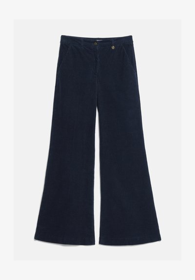 Pantalon large en velours côtelé bleu marine avec poches avant, passants de ceinture et fermeture à boutons.