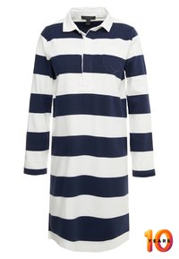 Tummansininen ja valkoinen raidallinen pitkähihaisellinen polo mekko, jossa on kaulus ja rintatasku, valmistettu pehmeästä puuvillakankaasta. Rentoa, suoraa leikkausta.