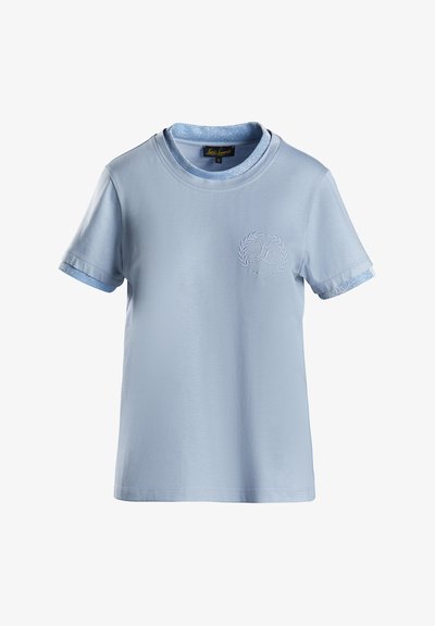Lichtblauw katoenen T-shirt met korte mouwen, voorzien van een ronde halslijn en een glinsterende rand. Geborduurd logo met laurierontwerp op de voorkant.