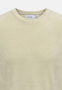Kurzärmliges T-Shirt mit Rundhalsausschnitt in einem blassen Grünton. Hergestellt aus weichem Stoff mit glatter Textur. Etikett sichtbar im Kragen.